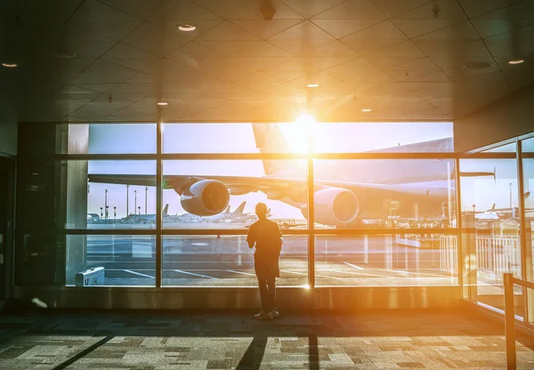 Alone Traveler Boy Standing Next Wide Window Airport Terminal Waiting — Stock Photo, Image