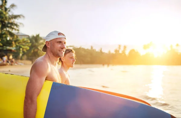 Smiling Man Young Teen Boy Son Surfboards Sea Surfing Have — стокове фото