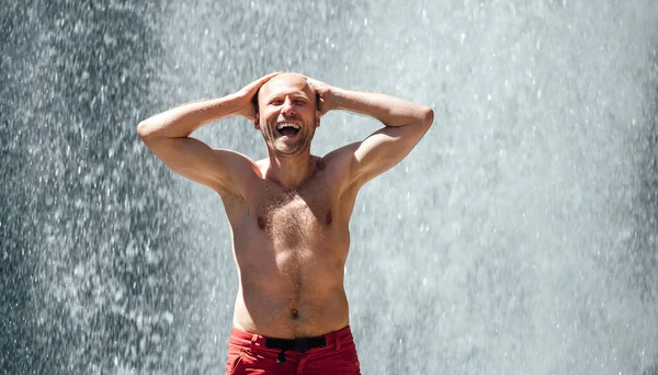 Middle Aged Shirtless Sincerely Laughing Man Standing Mountain River Waterfall — Stockfoto