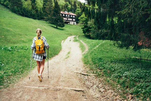 Ensam Hona Med Gul Ryggsäck Promenader Vid Bergsstig Med Vandringstavar — Stockfoto