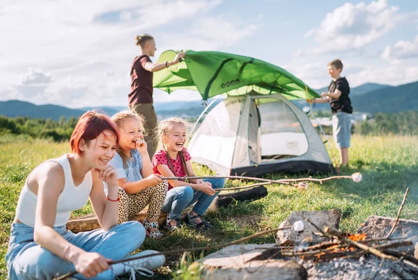 2人の兄弟が緑のテントを設置しながら 3人の姉妹は陽気に笑いながら キャンプファイヤーの炎の上に棒にマシュマロやキャンディーを焙煎します 幸せな家族の屋外ピクニックキャンプ活動のコンセプト — ストック写真