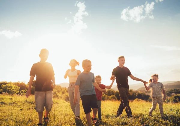 六个孩子 兄弟姐妹 青少年和小孩 手牵着手 微笑着 走在黄昏时分的绿草草地上 快乐而粗心的童年概念 — 图库照片