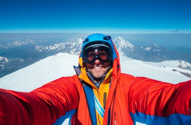 Kameraman, Kazbek (Kazbegi) zirvesinde 5054 metre yükseklikte kırmızı ve sıcak dağlara tırmanırken mutlu bir şekilde gülümseyen bir adamın selfie çekimini yaptı. Doğu Kafkas Dağları, Gürcistan.