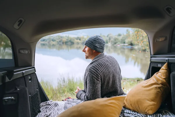 Midle Aged Smiling Man Dressed Warm Knitted Clothes Sitting Opened — Stock Fotó