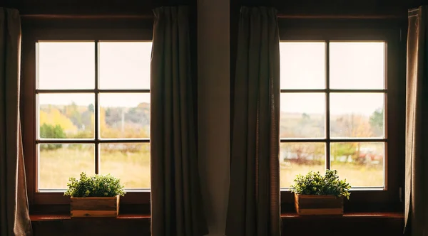 两扇乡村住宅窗户 窗台上的花盆 展示了乡村的风景 几何室内概念 — 图库照片