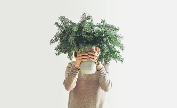 Young Woman Dressed Warm Cozy Sweater Holding Clay Vase Full — Stock Photo, Image