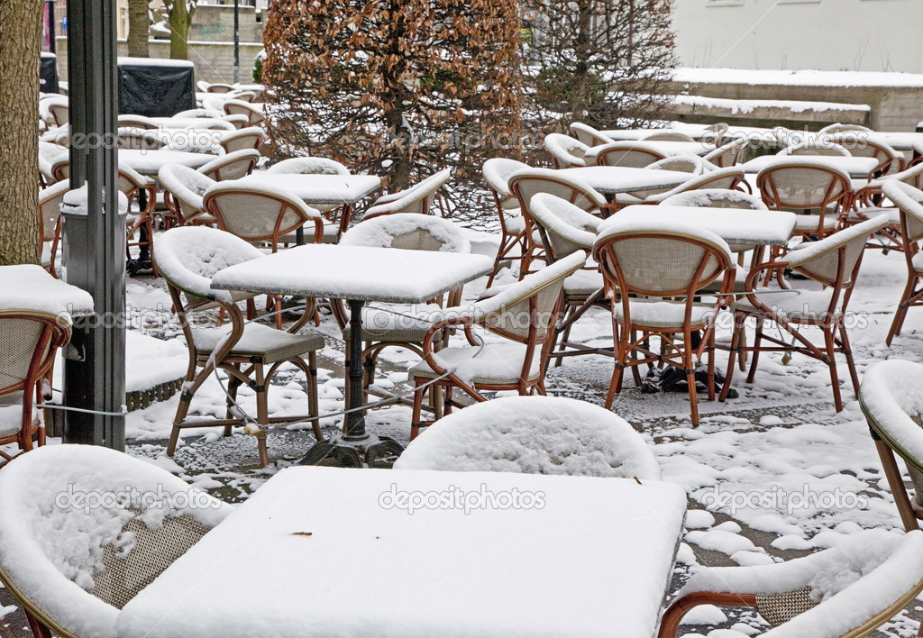 Snowy terrace in Antwerp, Belgium