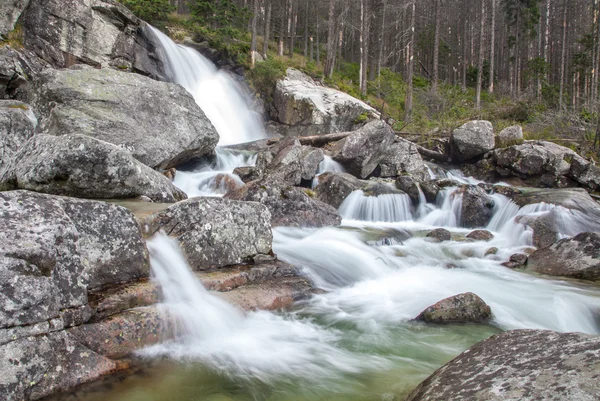 Vodopády na proud studený potok ve Vysokých Tatrách, Slovensko — Stock fotografie