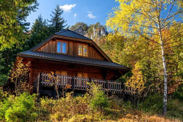 谷の秋の森の中でチャタポドコジムと呼ばれる木造コテージ Cutkovska Dolina スロバキア — ストック写真