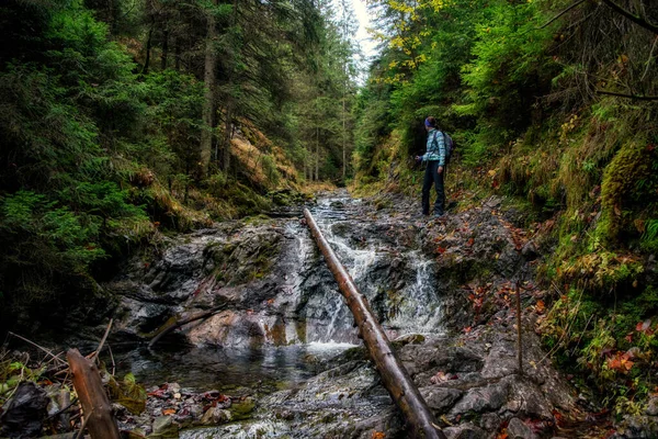 Wandermädchen Mit Rucksack Wandert Durch Gebirgsbach Tiefen Wald Tal Dolina — Stockfoto