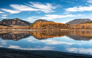 Su yüzeyindeki sonbahar ağaçları ve tepelerin yansıması. Slovakya 'daki Dam Liptovska Mara.