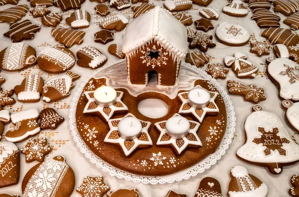 Christmas Homemade Gingerbread House Advent Candle Holder — Stock Photo, Image