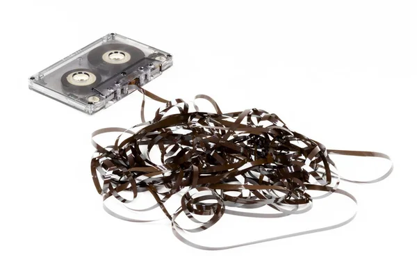 Oude Audio Cassette Met Losse Tape Witte Achtergrond — Stockfoto