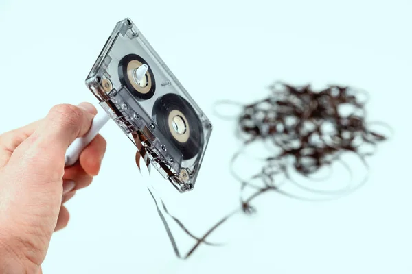 Rewind Old Audio Cassette Loose Tape Vintage Style — Stock Photo, Image