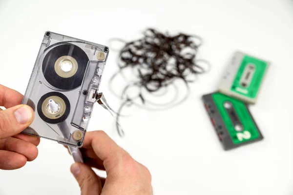 Rewind Old Audio Cassette Loose Tape White Background — Stock Photo, Image