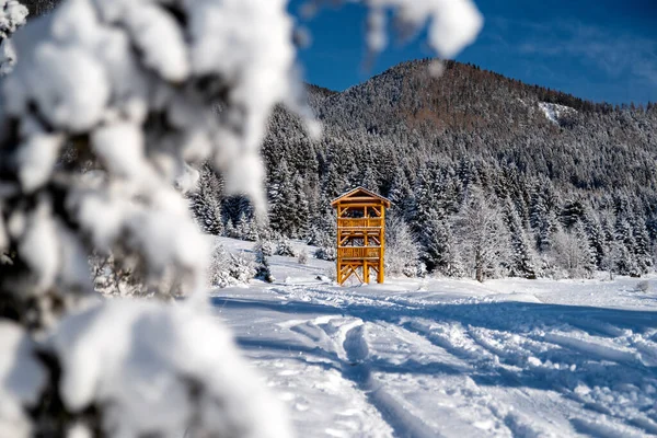 Lookout Snowy Winter Country Village Liptovska Luzna Slovakia — Stock Photo, Image