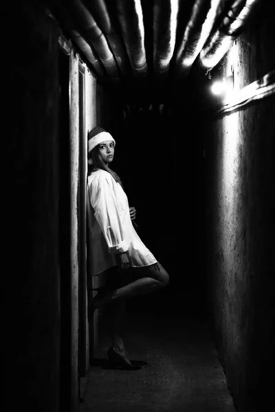 Girl Long White Shirt Santa Hat Head Posing Dark Hallway — Stock Photo, Image