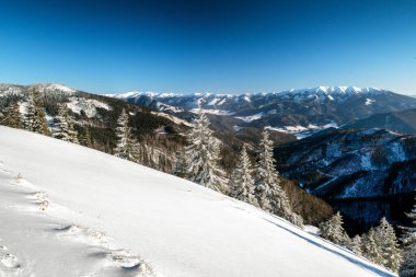 Kış dağlarında güzel karlı bir ülke. Slovakya 'daki Alçak Tatras' taki Büyük Fatra dağlarından görüntü.