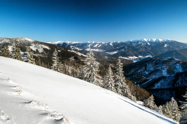 冬季群山中美丽的雪地 从斯洛伐克下塔特拉山的大法特拉山观看 — 图库照片
