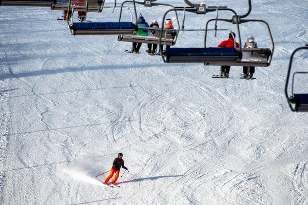 Valca Slovakia January 2022 People Sitting Chairlift Skiers Skiing Downhill — Stock Photo, Image