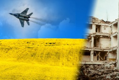 Damaged building and Ukraine flag from blue sky and yellow field. Fighter Mig-29 on the sky. clipart