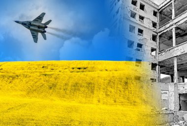 Destroyed building and Ukraine flag from blue sky and yellow field. Fighter Mig-29 on the sky clipart