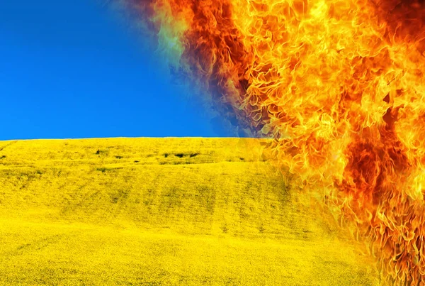 Bandera Ucrania Llamas Del Fuego Cielo Azul Campo Amarillo — Foto de Stock