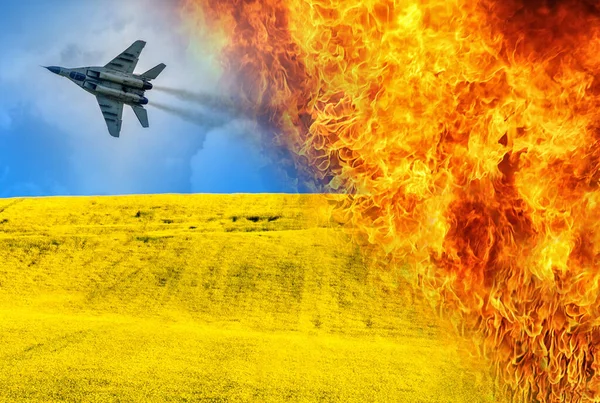 Ukrayna Bayrağını Rus Mig Ile Gökyüzünde Yakmak Mavi Gökyüzü Sarı — Stok fotoğraf