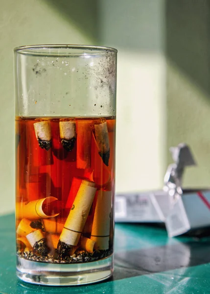 Cigarette Butt Ashtray Glass Water — 图库照片