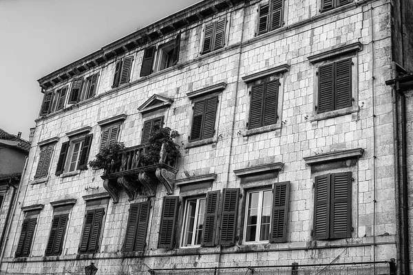 Closed Green Shutters Odl Building Historic Town Kotor Montenegro — Stockfoto