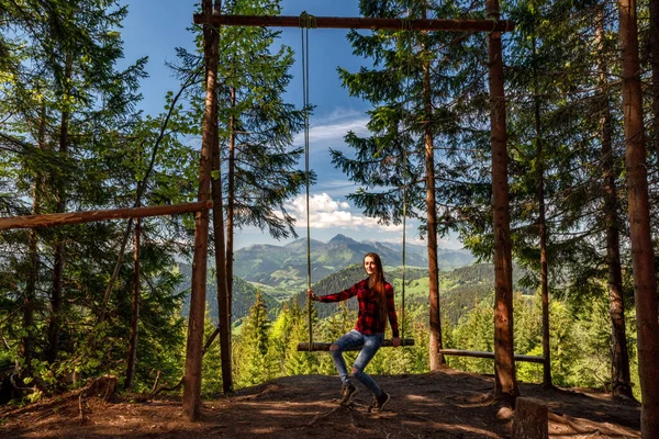 Girl Long Hair Forest Swing Beautiful Mountain View Hill Rozsutec — Foto de Stock