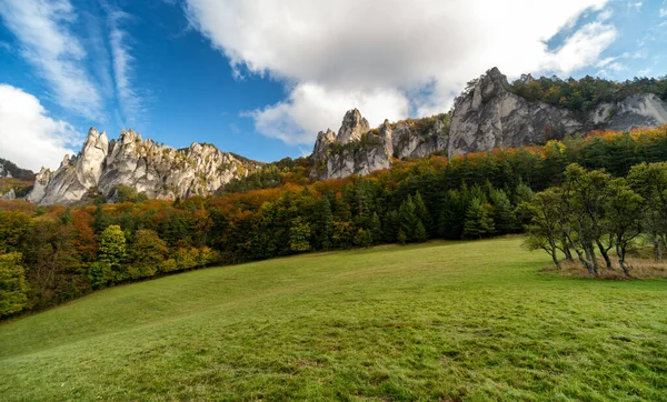 Färgglada Träd Höstskogen Vid Sulovs Klippor Hösten Bergslandskap Slovakien Vandringstema — Stockfoto