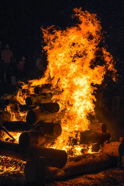夜のキャンプファイヤーだ 焚き火の木 — ストック写真
