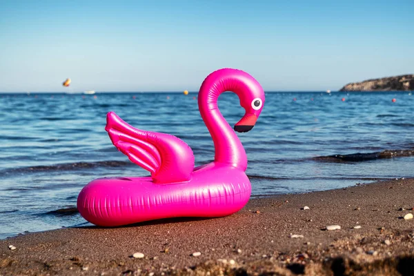 Inflatable Pink Flamingo Sandy Beach Sea Background — Foto de Stock