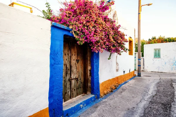 Traditioneel Grieks Huis Met Bloeiende Violette Bloem Het Dorp Archangelos — Stockfoto