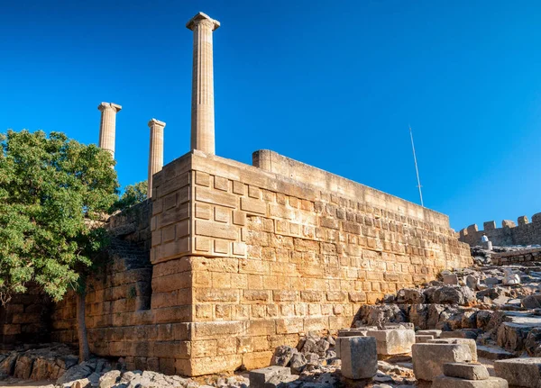 Pilastri Dell Acropoli Lindos Sull Isola Rodi Grecia — Foto Stock