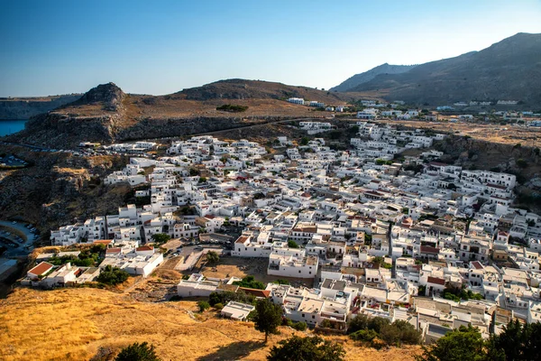 Traditional Greek White Buildings Town Lindos Rhodes Island Greece View — 图库照片