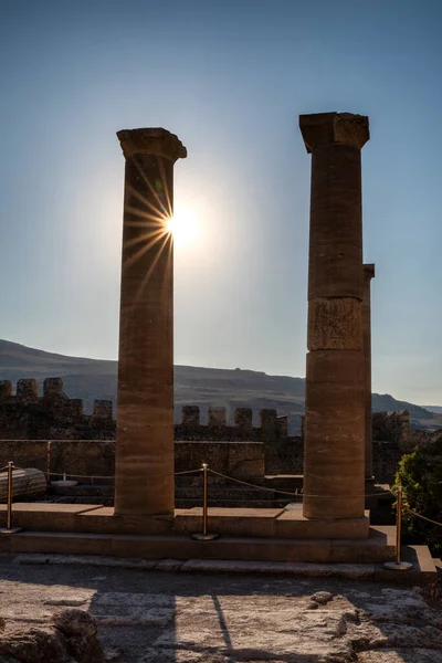 Colonne Doriche Lindos Acropolius Nell Isola Rodi Grecia — Foto Stock