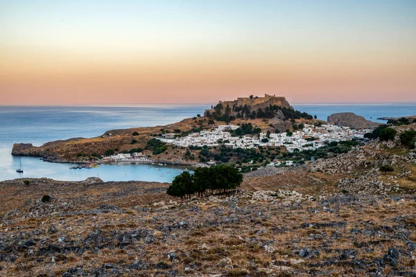 Lindos Acropolis Heuvel Boven Oude Stad Rhodos Eiland Griekenland — Stockfoto