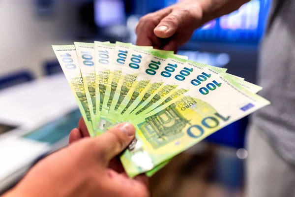 Human Hands Accepting Offer Money Euro Banknotes — Stockfoto