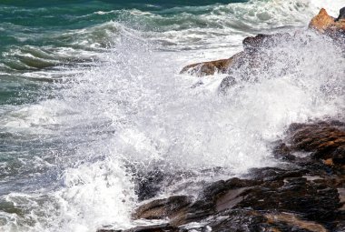 Waving sea on the coastline. Splash water. Stormy sea