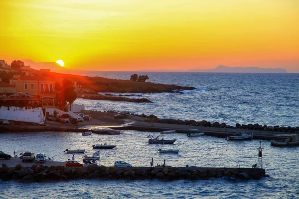 Panormos Greece September 2013 Beautiful Colorful Orange Sky Sea Village — 图库照片