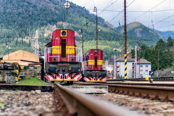 RUZOMBEROK, SLOVAKIA - APRIL 10, 2022: Old locomotives on railroad of train station