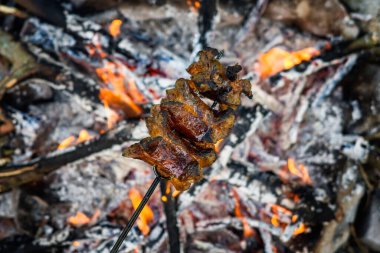Kamp ateşi, lezzetli ızgara sosis. Doğada kamp. Açık hava etkinliği.