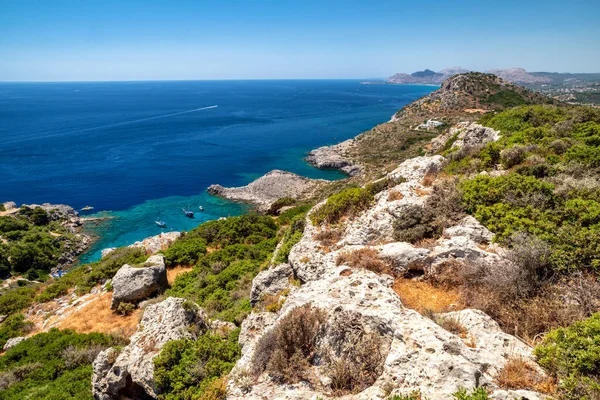 Pobřeží Ostrova Rhodos Řecku Egejské Moře Ladiko Pláž Pozadí — Stock fotografie