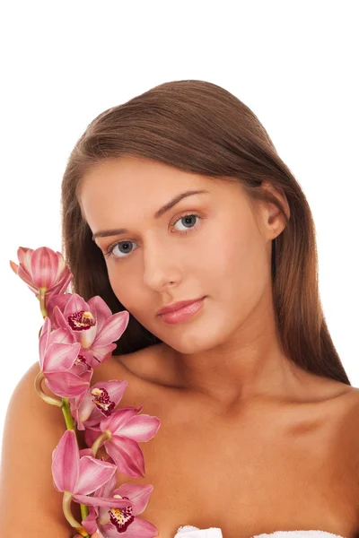 Beauty with orchid — Stock Photo, Image