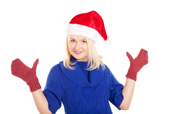 Porträt schöner Frauen in blauem Pullover und rotem Fäustling und Weihnachtsmannmütze — Stockfoto