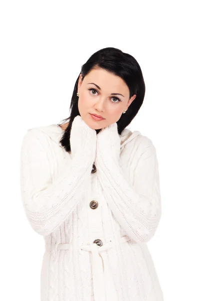 Young woman in white knitted dressing gown — Stock Photo, Image