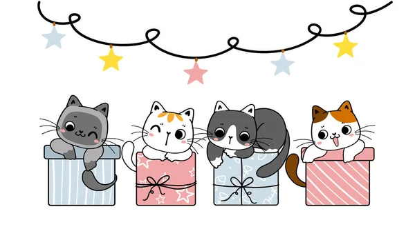 Ομάδα Ποικιλία Φυλή Χαριτωμένο Γατάκι Γάτα Παστέλ Δώρο Κουτιά Ζυμαρικά — Διανυσματικό Αρχείο