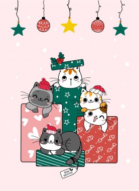 Bir grup sevimli, oyuncu kedi yavrusu Noel hediyesi kutularında saklanıyor, karikatür çizilmiş düz vektör.